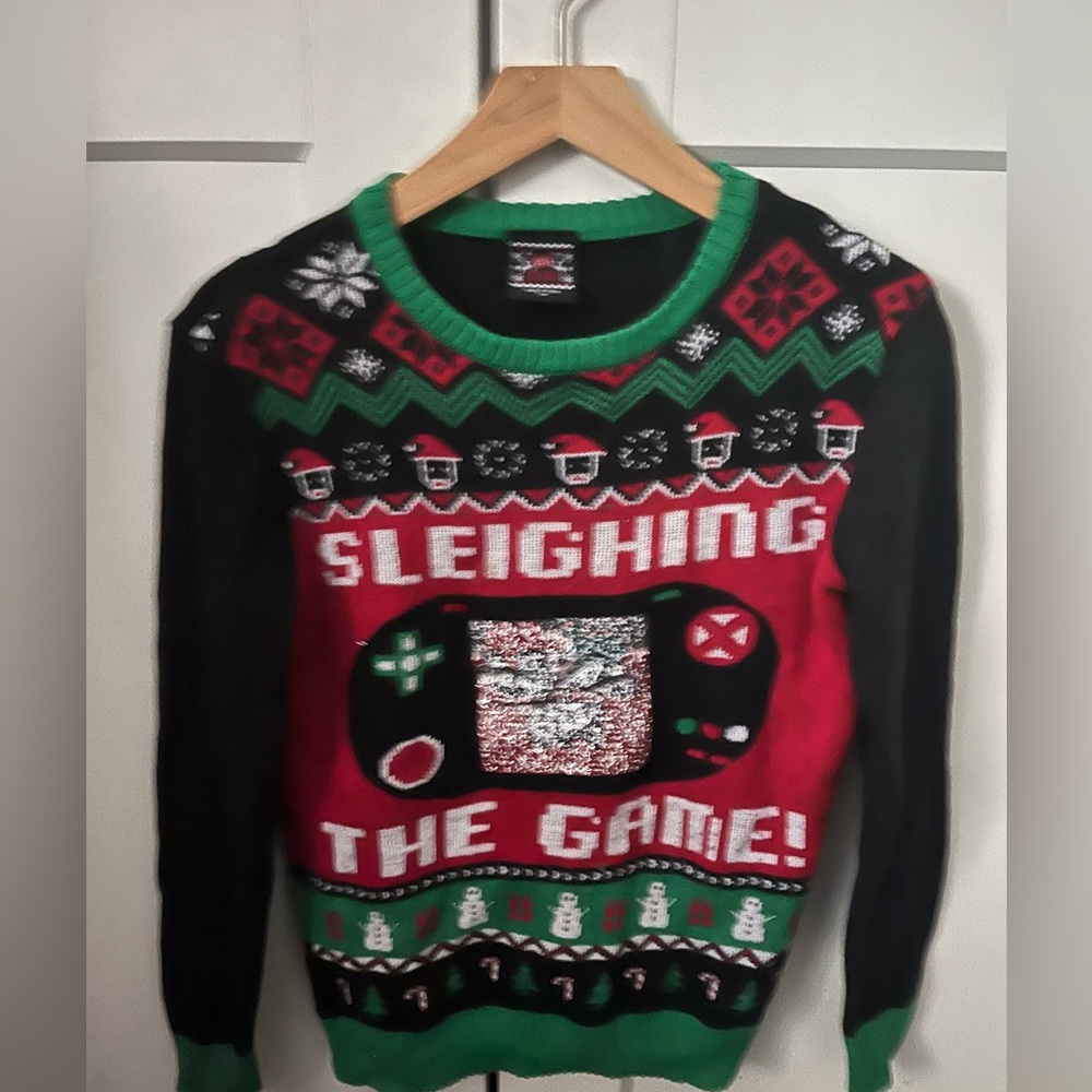 Sleighing the game Christmas sweater boys